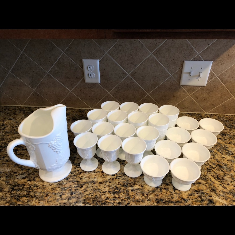 Vintage antique milk glass grape pattern set
